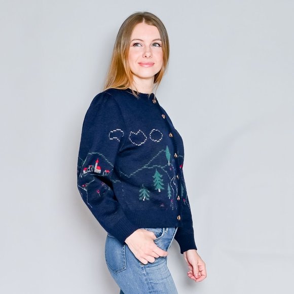 592. VINTAGE Silber-Distel Trachten Austrian Village Wool Cardigan XS-L - Picture 3 of 13